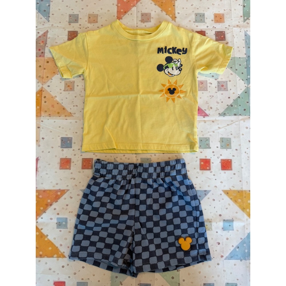 Disney Mickey Mouse Clubhouse Toddler Boys 2T Yellow Tee Blue Checkered Shorts